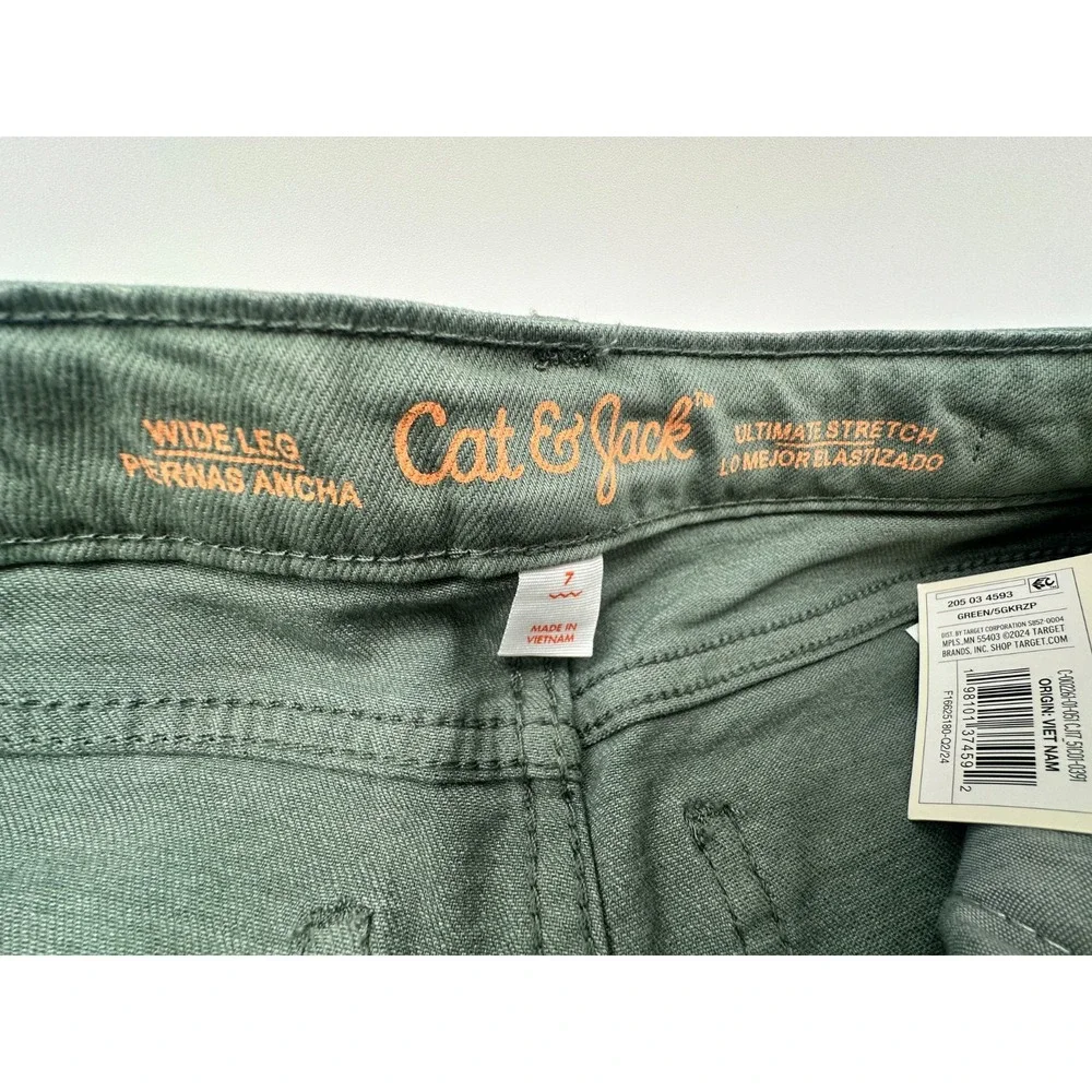 Cat and Jack Girls Wide Leg Stretch Pants Size 7 Green Adjustable Waist NWT